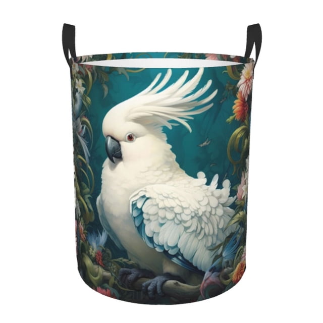 Balery Tropical Parrot Floral Artwork Cesta de ropa redonda con asas, impermeable, independiente, para ropa, juguetes, dormitorio y familia-Medium