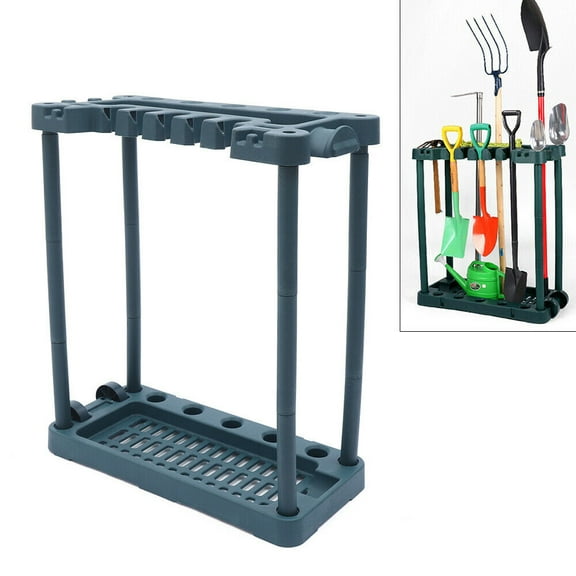Garage Garden Tool Long Handle Yard Organizer 2 Wheels Storage Rack Lawn Holder