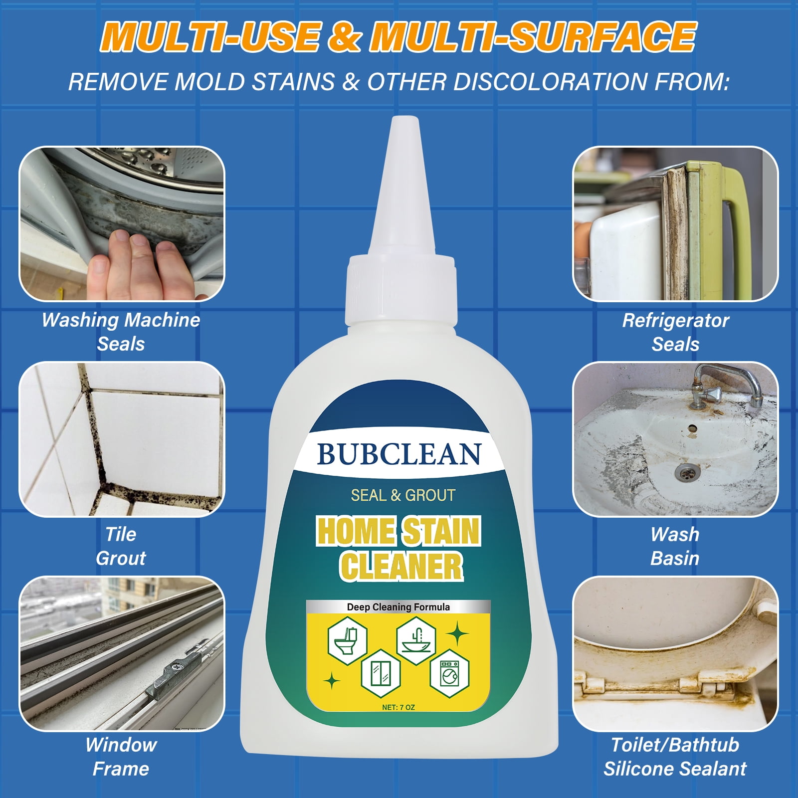 Bubclean Home Remover Gel, Washing Machine Cleaner for Washing Machine Seal, Front Load Washer, Refrigerator Strips, Tile, Home Kitchen Sinks, Toilet, Bathroom-7 FL Oz