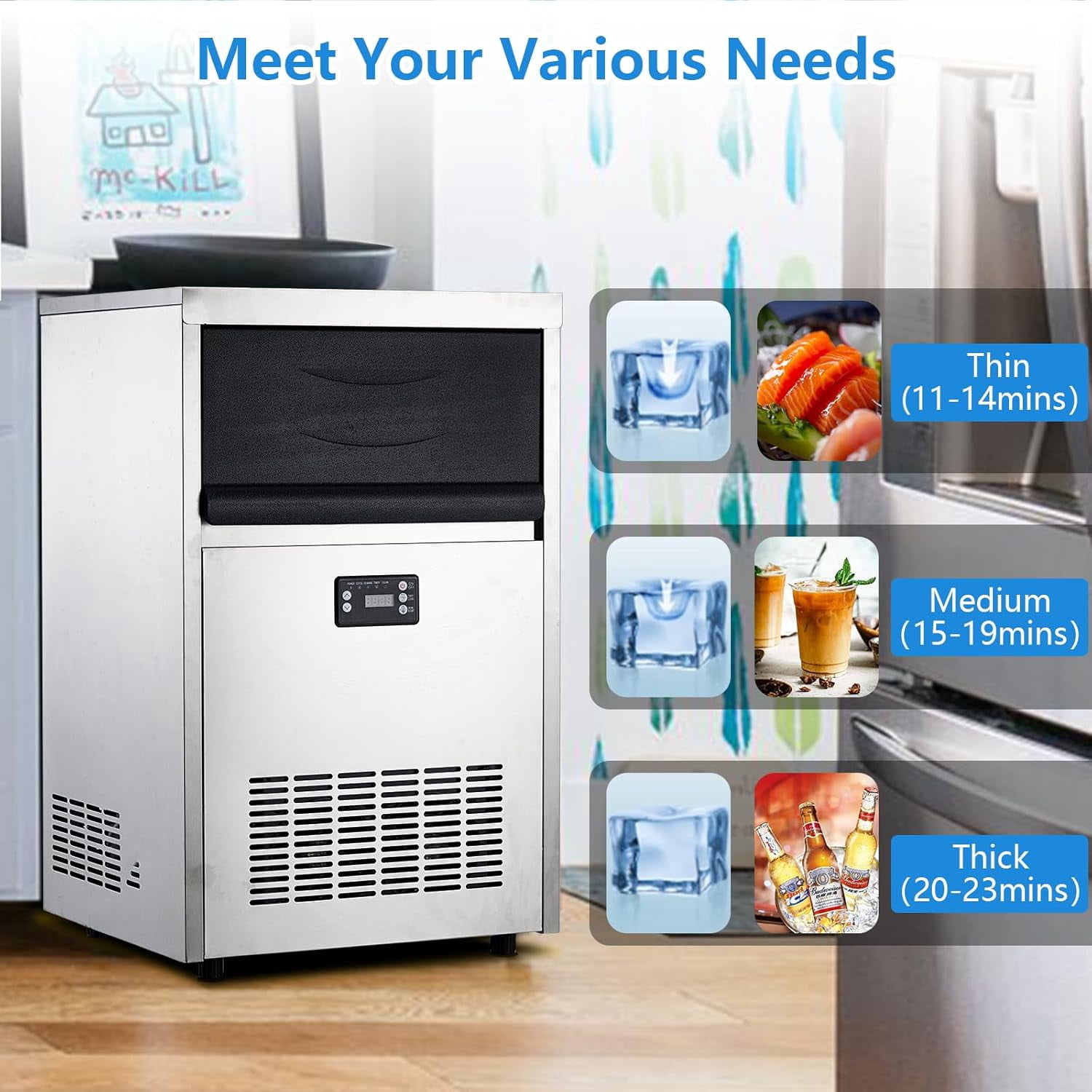 Commercial Ice Maker Machine 100lbs/24H,2 Water Inlet Modes,Stainless Steel Under Counter Ice Machine With 33lbs Storage Bin,Freestanding Ice Maker 50Pcs/Cycle for Bar Home Office Restaurant