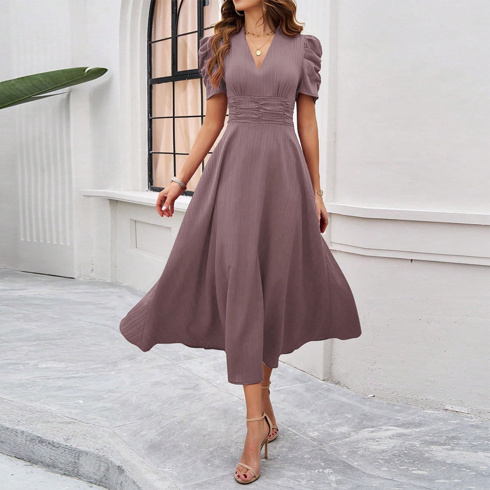 Women's Short Sleeve Dress High Waist V Neck Puff Sleeve Dresses Wedding Guest Formal Evening Party Maxi Dress Woman Dresses Casual Long Sleeve Dresses Casual for Women Petite Dresses for Women Summer