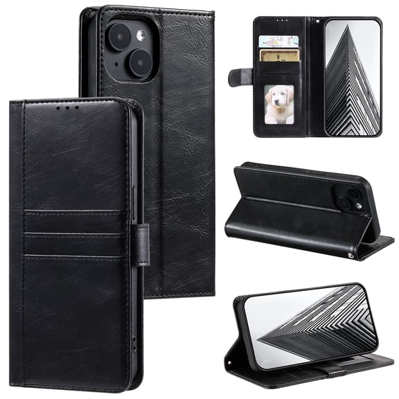 SaniMore for iPhone 13 PU Leather Case, Wallet Design with Card Slots Cash Pocket [Wrist Strap] Flip kickstand Full Body Protection Magnetic Closure Business TPU Shell for iPhone 13, Black