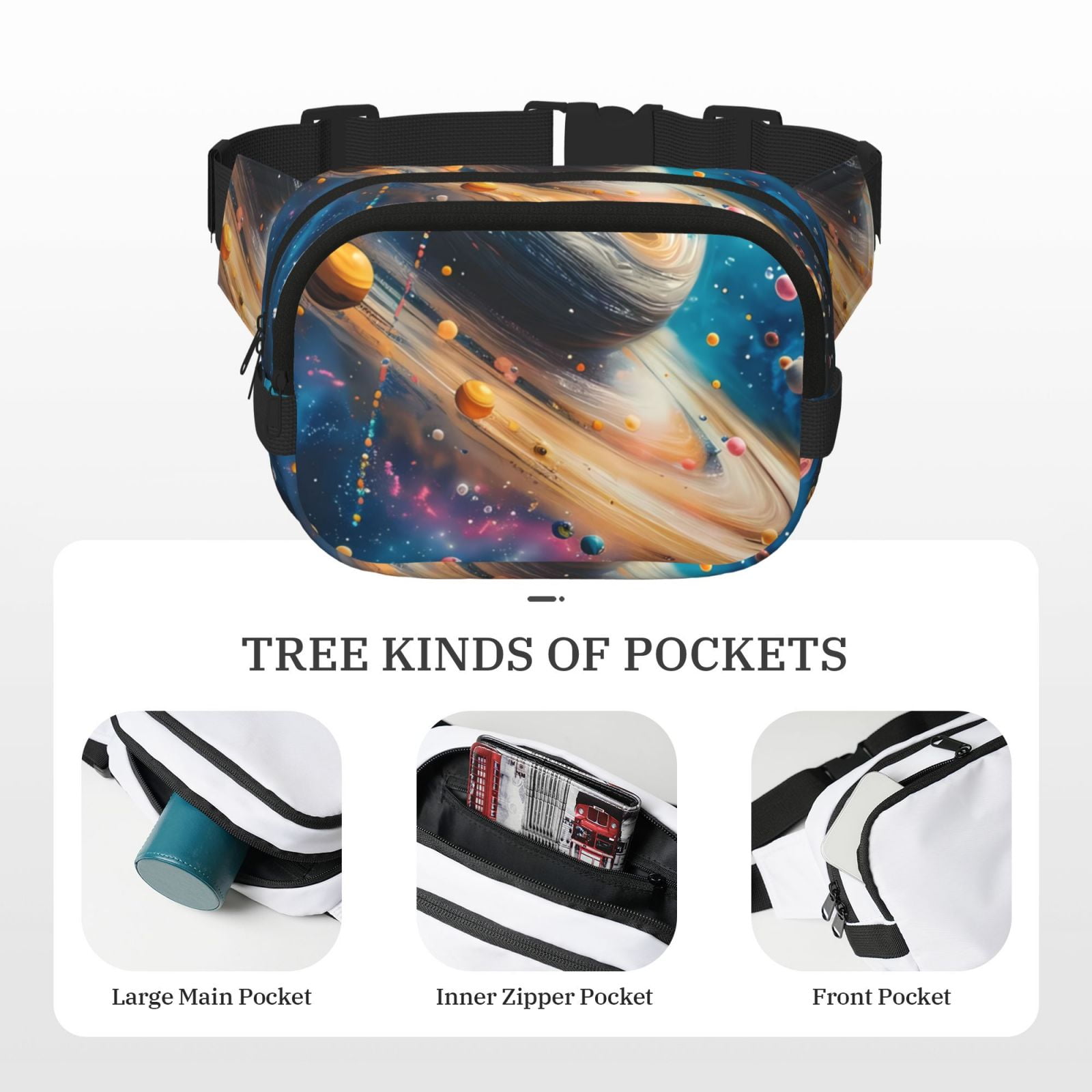 Picia Colorful Planet Universe Print Square Double-Layer Waist Bag Mini Adjustable Waist Belt Bag Exercise Running Travel Hiking