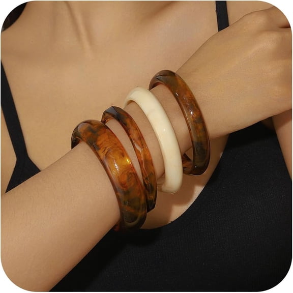 4 Pcs Acrylic Resin Chunky Bangle Bracelets for Women Vintage Punk Chunky Bangle Geometric Stackable Bracelets Thick Acetate Wide Wristbands Trendy Daily Jewelry
