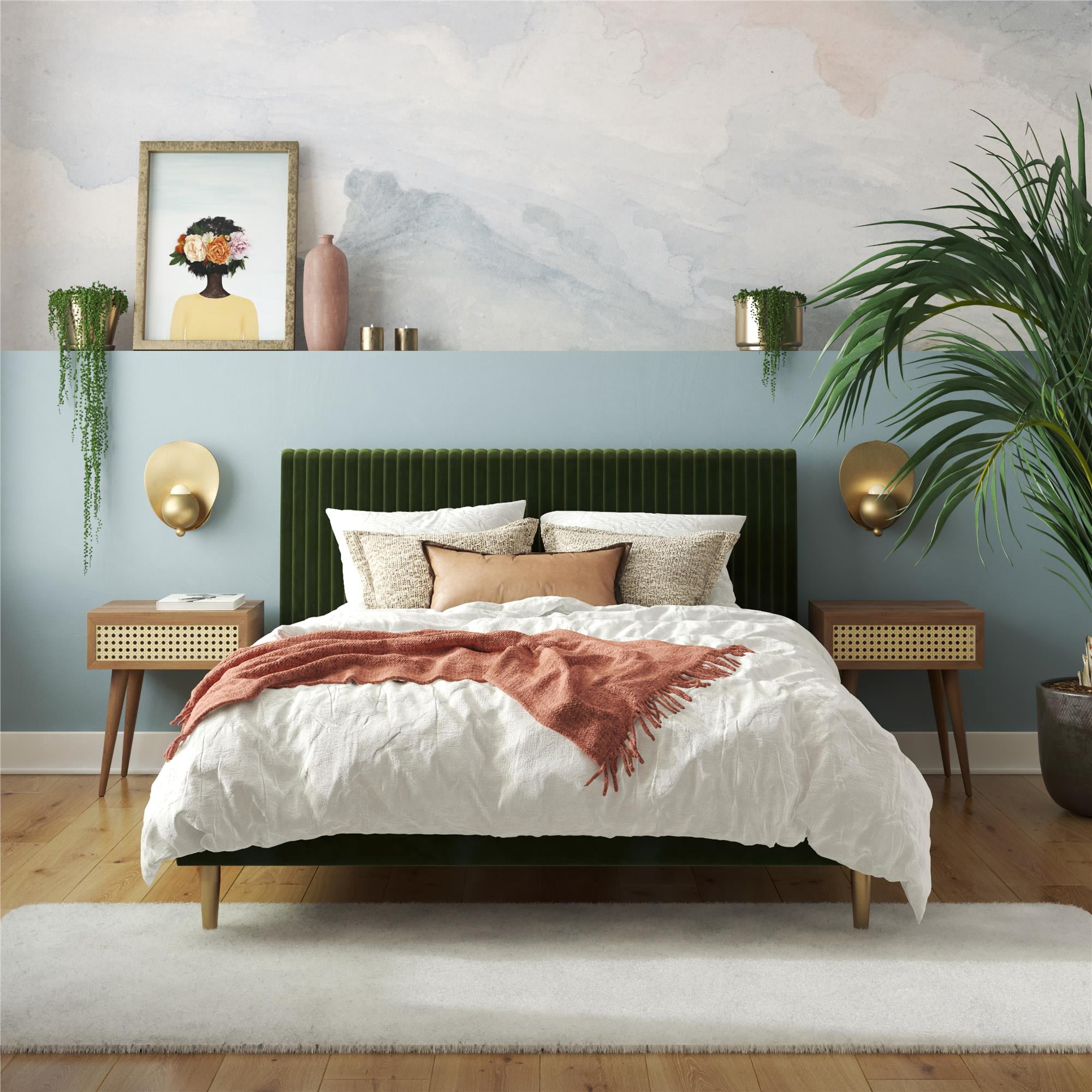 Mr. Kate Daphne Upholstered Bed with Vertical Channel Tufted Headboard, Queen, Olive Green Velvet