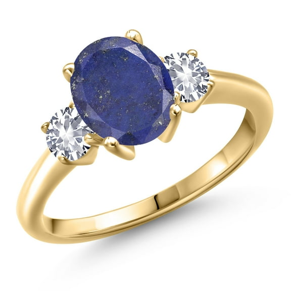 Gem Stone King 10K Yellow Gold Blue Lapis and White Created Sapphire Engagement Ring for Women | 2.50 Cttw | Oval 9X7MM | Gemstone Birthstone | Size 7