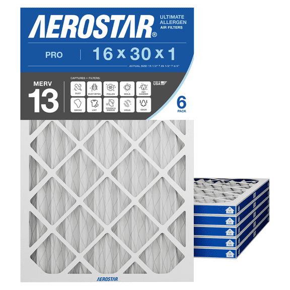 Aerostar 16 x 30 x 1 MERV 13 AC Furnace Air Filter, Pleated HVAC Filter, MPR 1900 FPR 10, Allergen Defense, 6-Pack, Made in USA
