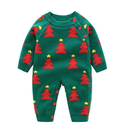 

Infant Baby Autumn and Winter Christmas Long Sleeved Trousers Bodysuit Knitted Sweater Creeper Fashionable Christmas Printed One-piece Romper