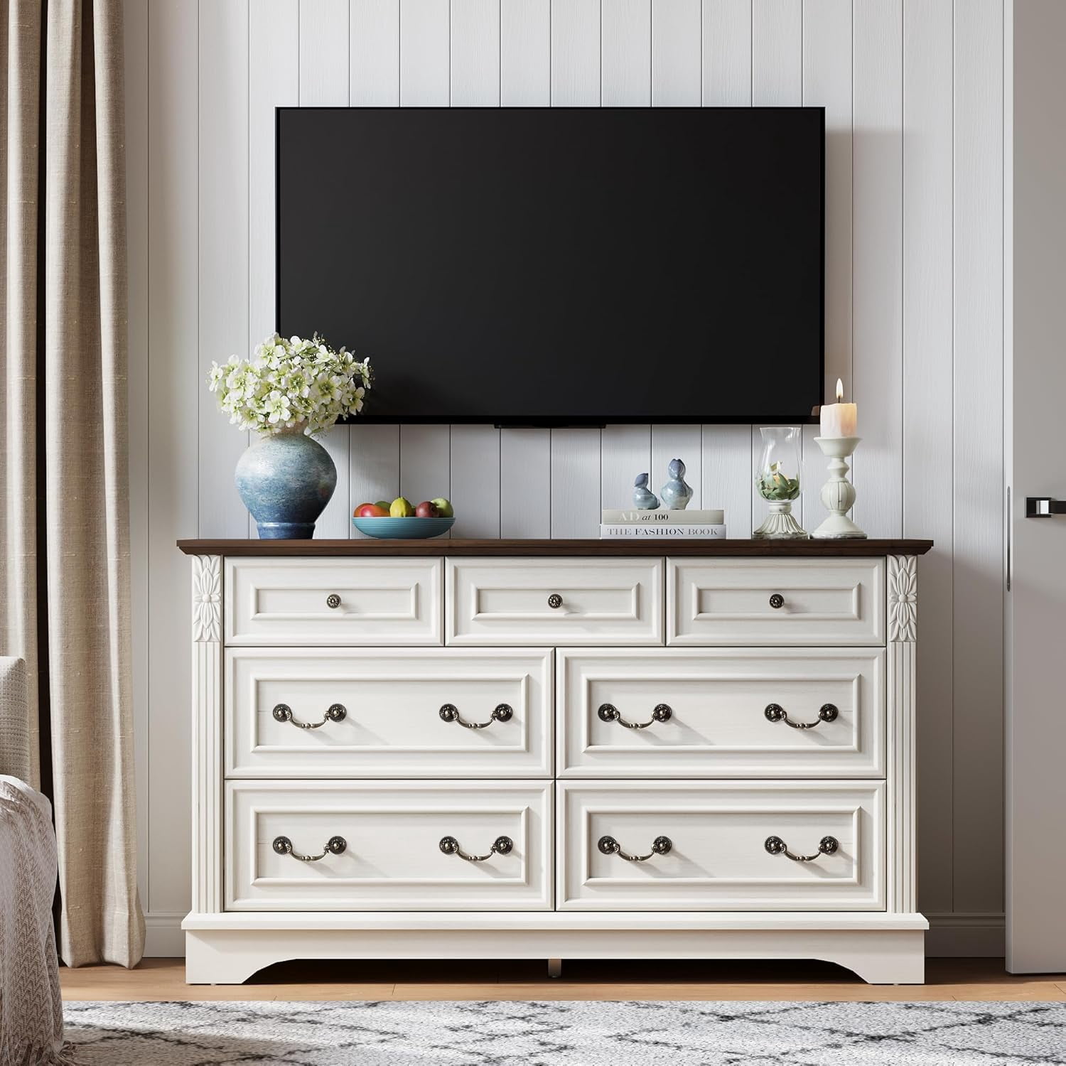 BOSHIRO 7-Drawer Dresser for Bedroom, Farmhouse Carved Wide Storage Chest Organizer with Brown Top, Antique White Finish