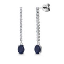 Gem Stone King 14K White Gold Blue Sapphire and White Lab Grown Diamond Long Liner Dangle Earrings for Women | 1.46 Cttw | Gemstone September Birthstone | Oval 6X4MM | White Gold Chain Drop Earrings