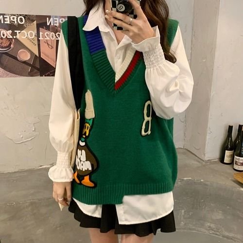 Camiseta sin mangas de punto con dibujos animados para mujer, edición coreana, suéter holgado con cuello en V, camiseta sin mangas de moda irregular