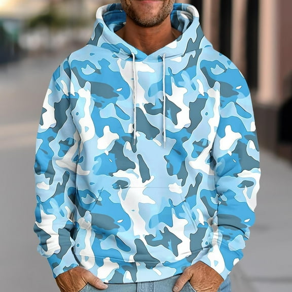 Men's Hoodies Pullover Medium Camo Drop Shoulder Sleeve Camouflage Print Loose Hooded Long Sleeve