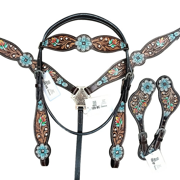 Hilason Western Horse Headstall Breast Collar Spur Strap Leather Floral