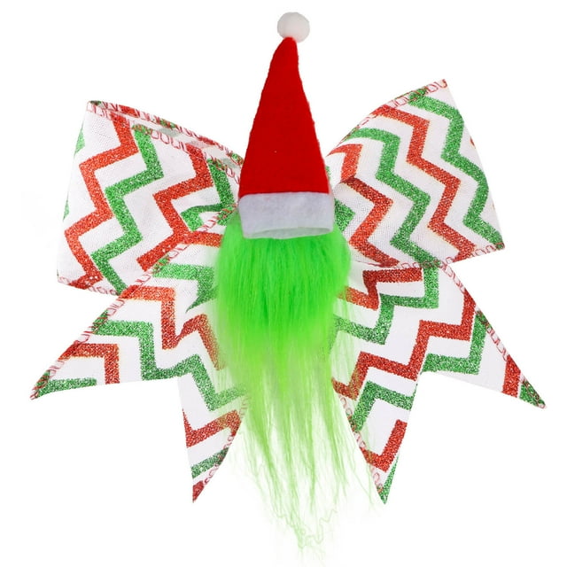 Christmas Bow Decoration With Santa Hat Green Festive Hanging Ornament For Tree Wreath Or Gift Wrapping