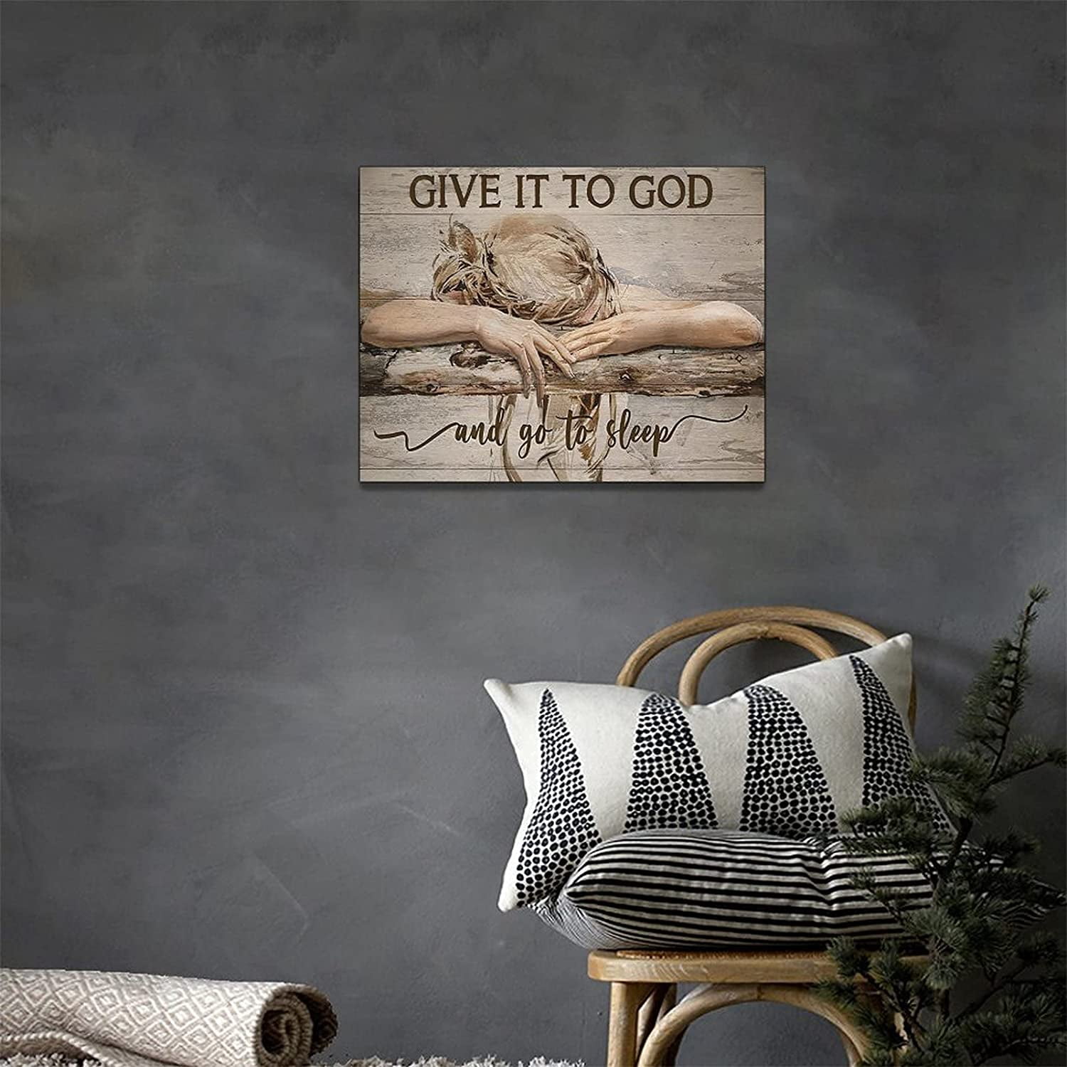 Bedroom Wall Art Give It To God and Go To Sleep Girl Bedroom Pictures Wall Decor Christian Bedroom Painting Canvas Inspirational Scripture Quotes Prints Modern Artwork Framed Home Decor 16"x12"