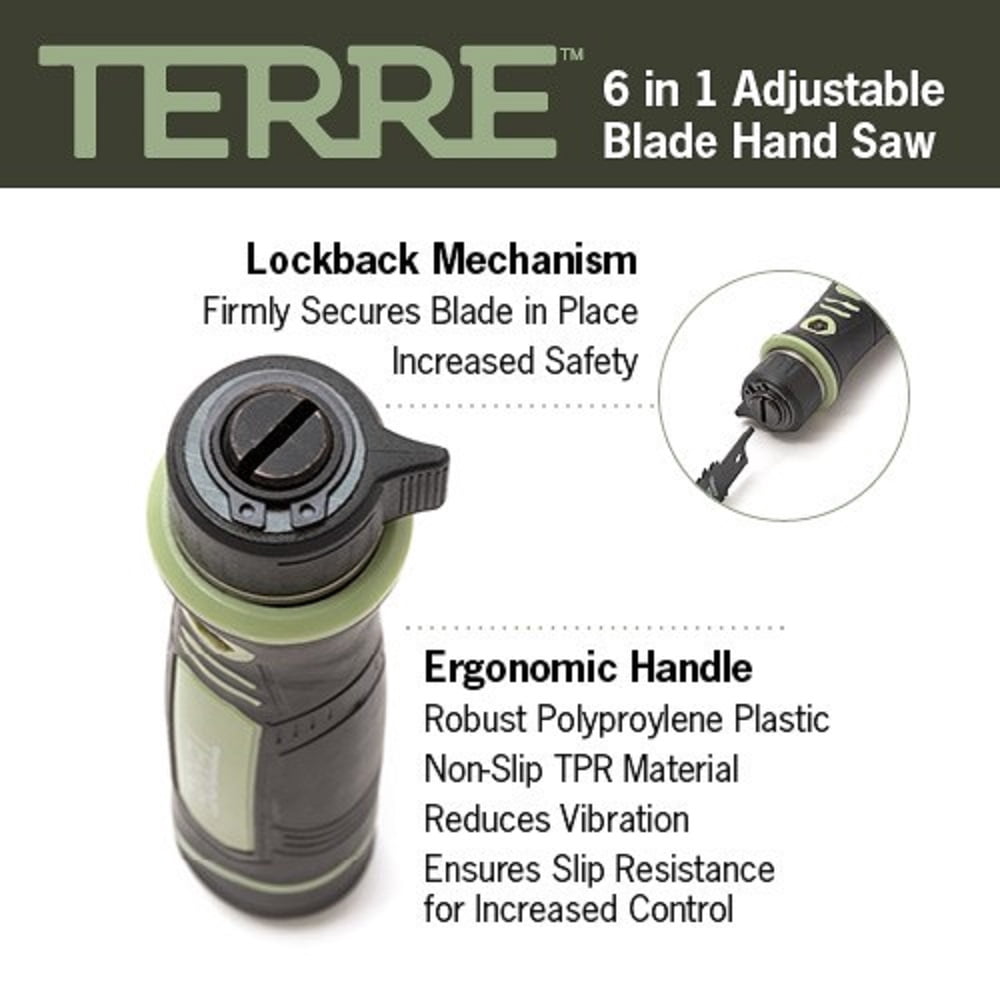 Terre Products, Adjustable Blade Hand Saw, Jab Saw, Drywall Saw, Reciprocating Blades, 2 Wood (6 TPI), 2 Plastic (18 TPI), 2 Bi-Metal (24 TPI), Cuts Metal, Wood, Sheetrock, Plywood, Plastic