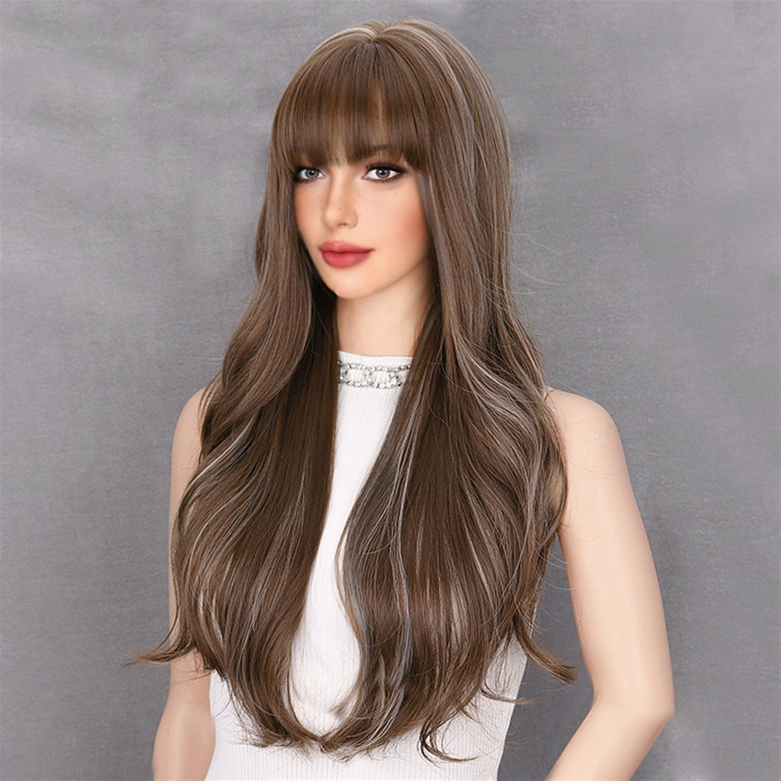 Long Brown Mixed Blonde Natural Wavy Wig Synthetic Wigs with Bang for Women Daily Cosplay Use Heat Resistant Hair