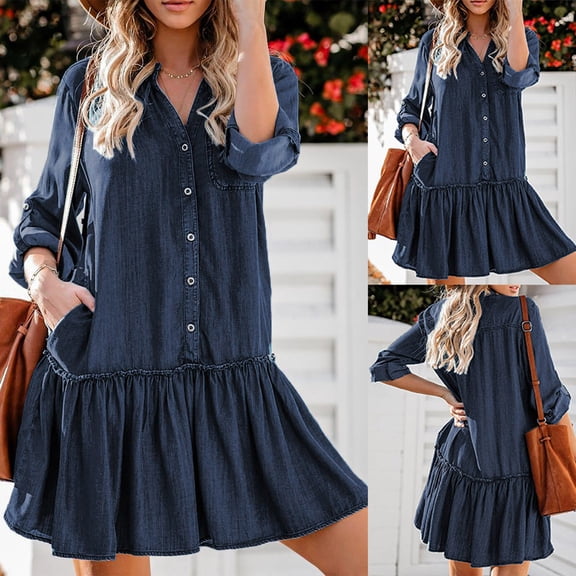 ClodeEU Womens V-Neck Button Front Tunic Denim Mini Dress,Casual Long Sleeve Ruffle Dress Dark Blue,Womens Plus M