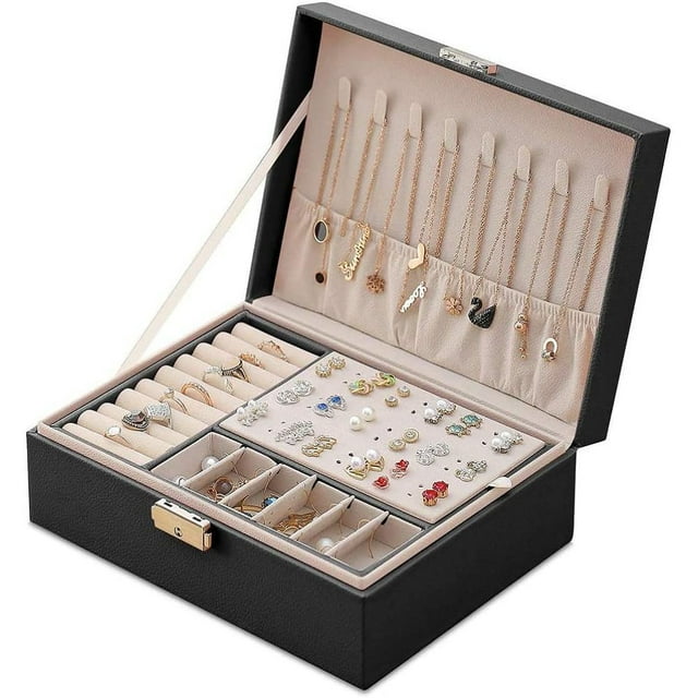 Organizador de dos niveles para collares, pulseras, pendientes, anillos y relojes Estuche elegante de cuero PU para joyas