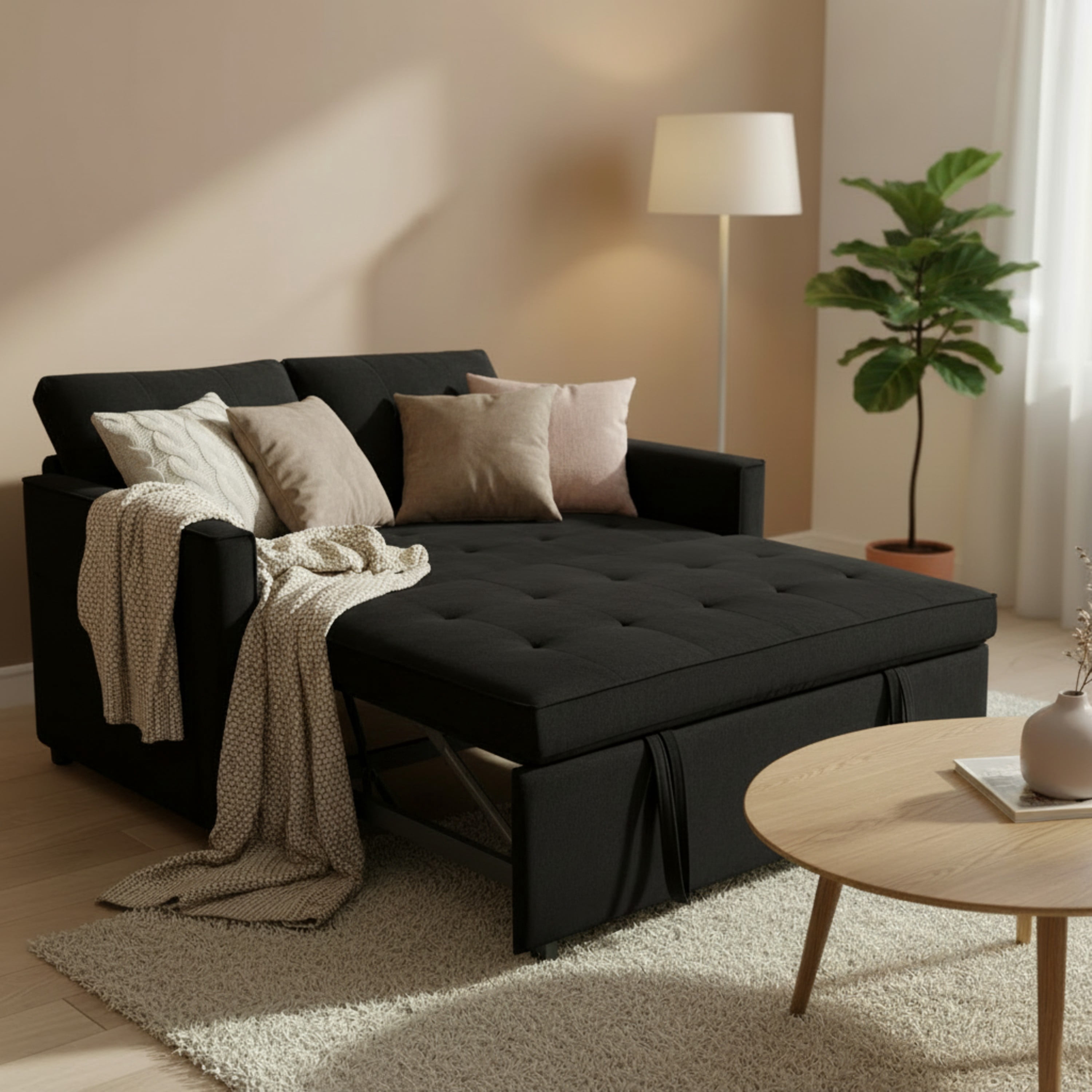 BSHTI 3-in-1 Convertible Sleeper Sofa Bed – Modern Pull-Out Loveseat with Adjustable Backrest, Velvet Upholstery, Side Storage Pockets, for Apartments & Small Spaces, Black