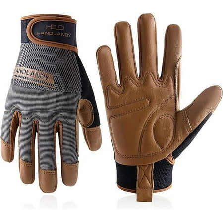 

HANDLANDY Leather Work Gloves Mens & Women Utility Safety Mechanic Working Gloves Touch Screen Flexible Breathable Yard Work Gloves (XXL Brown-Cowhide Palm)