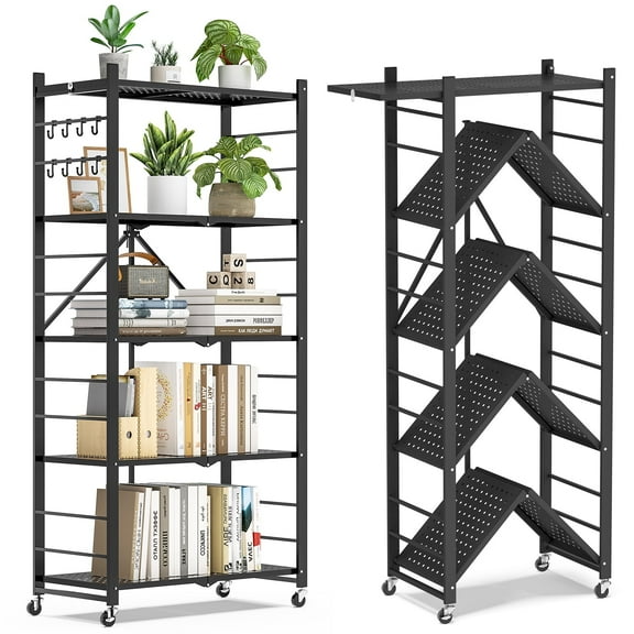 Vebreda 5-Tier Heavy Duty Foldable Metal Storage Shelf with 3 Hooks, Kitchen Organizer Rack, Black