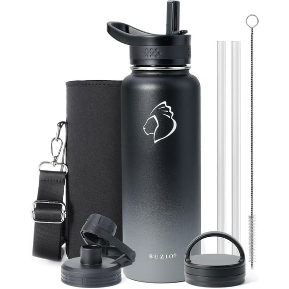 BUZIO 40oz Reusable Stainless Steel Water Bottle, Vacuum Insulated, Wide Mouth Sports Bottle with Straw Lid, BPA Free