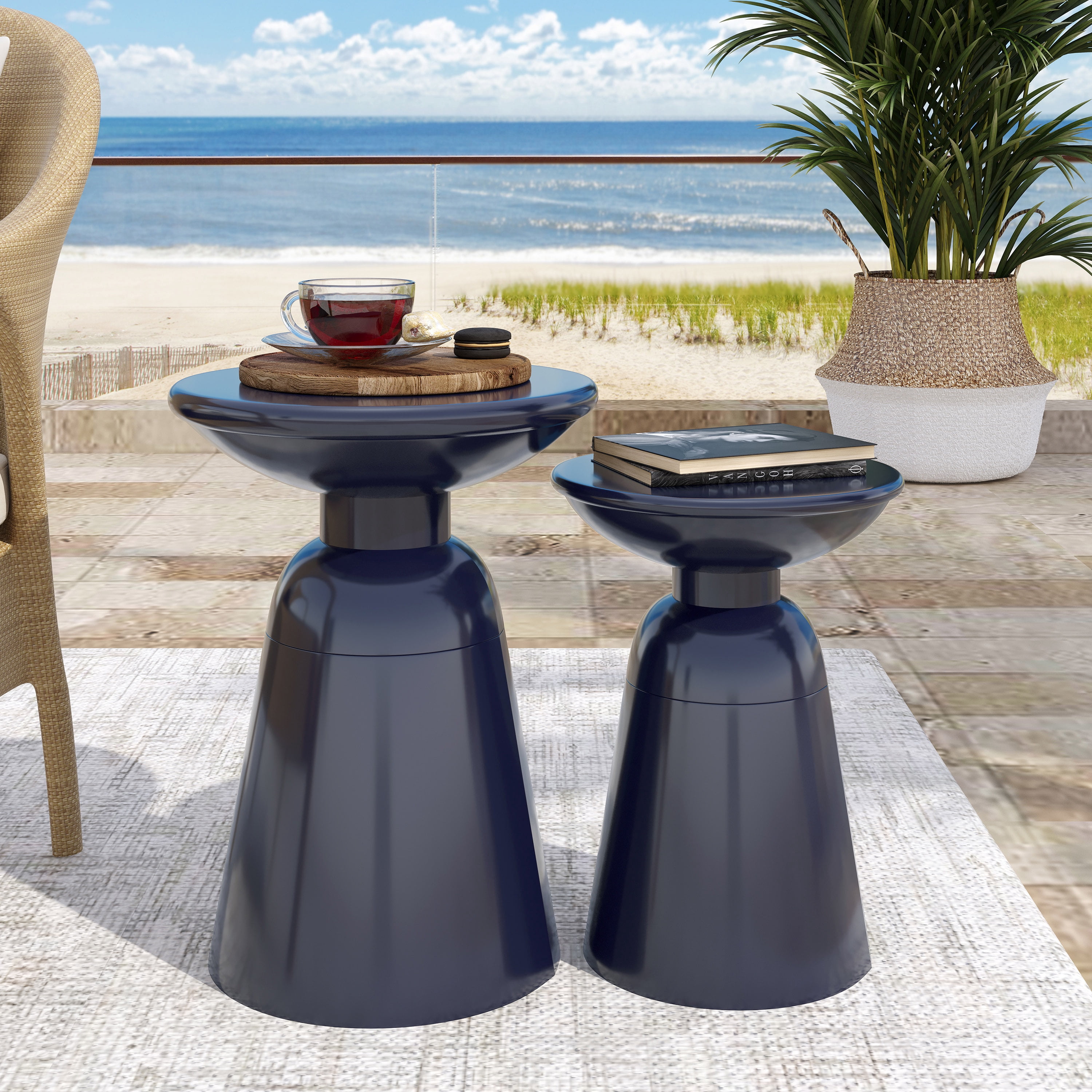 Outdoor Side Table Set of 2, Iron Frame Flared Style Accent Tables for Patio Garden, Navy Blue
