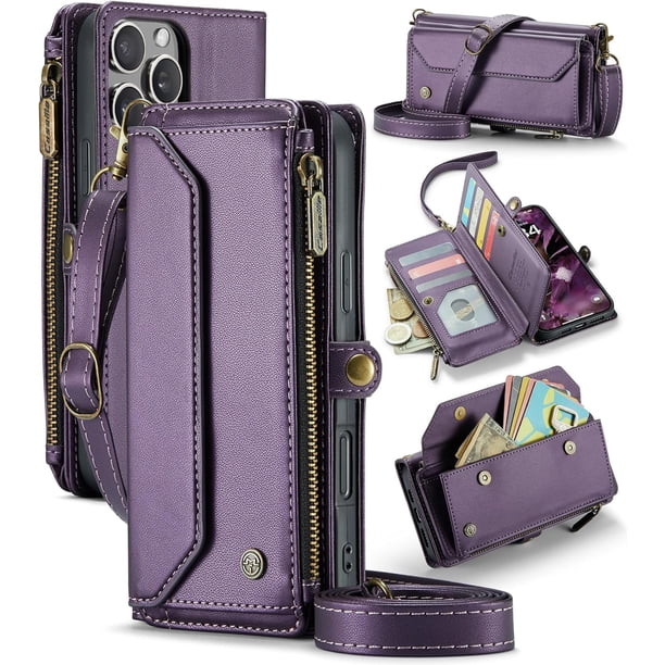 Funda tipo cartera cruzada para iPhone 16 Pro Max con soporte RFID, ranuras para tarjetas de carga inalámbrica anticaídas, bolso de hombro de piel sintética con correa ajustable