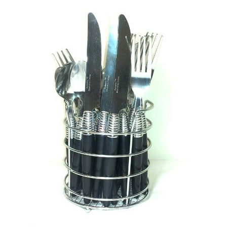 Bellamo 20-Piece Stainless Steel Flatware Set with Round Wire Chrome Storage Caddy