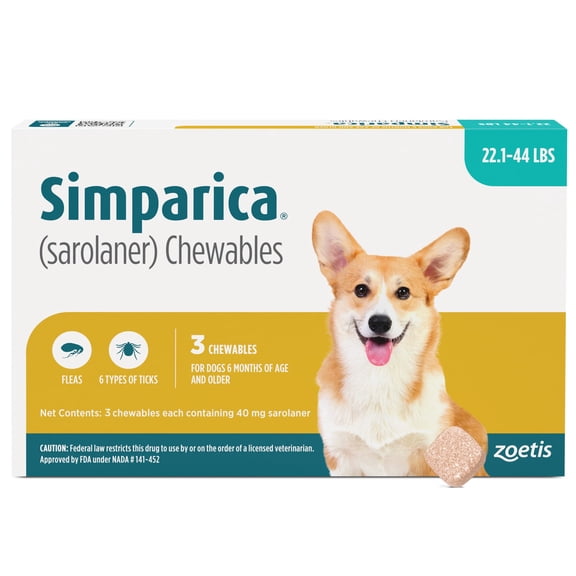 Simparica Chewable Tablets for Dogs, 22.1-44 lbs, (Blue Box)