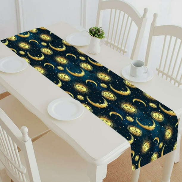 ABPHQTO Gold Celestial Bodies Moon Sun Stars Blue Night Sky Table Runner Placemat Tablecloth For