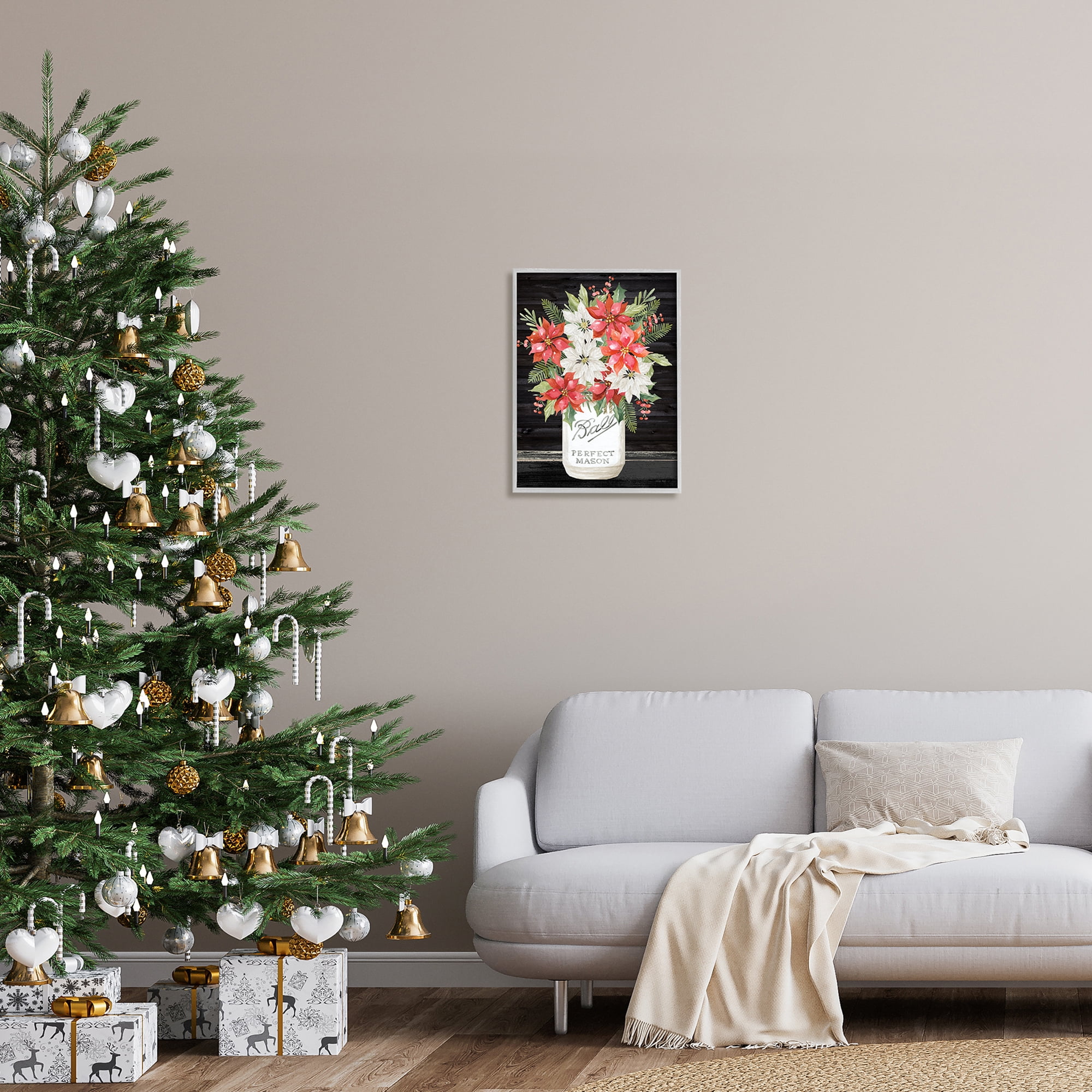 Mixed Holly Poinsettia Flower Bouquet Country Jar Botanical & Floral Graphic Art Framed Art Print Wall Art