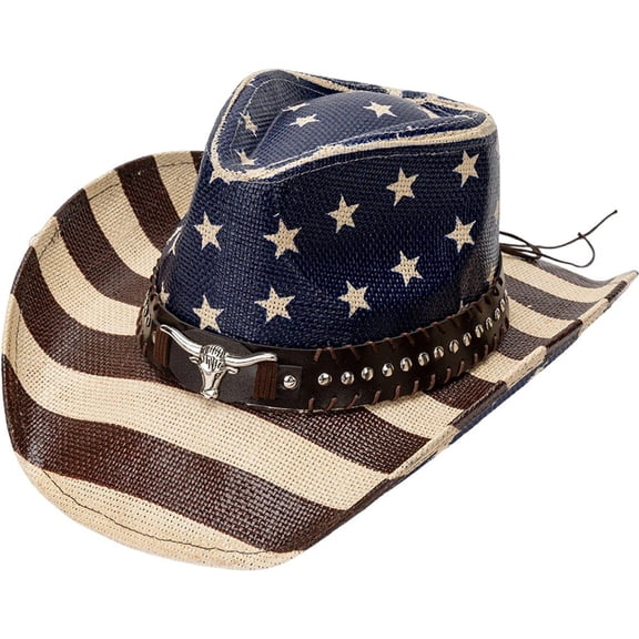 Jiibva Vintage Cowboy Hat Star Stripe Print Straw Cowgirl Hat for Women Men Wide Brim Western Caps Panama Jazz Hats