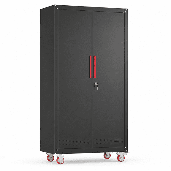 Durable Black Metal Garage Storage Cabinet on Wheels, 71 Inch Tool Organizer