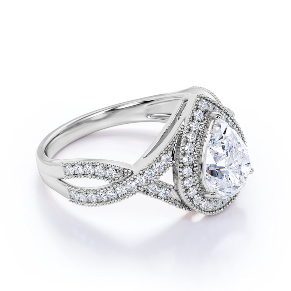 JeenMata Milgrain Decorative - 1.25 Carat Teardrop Moissanite - Pave Crossover - Halo Engagement Ring - 18K White Gold Plating for Women