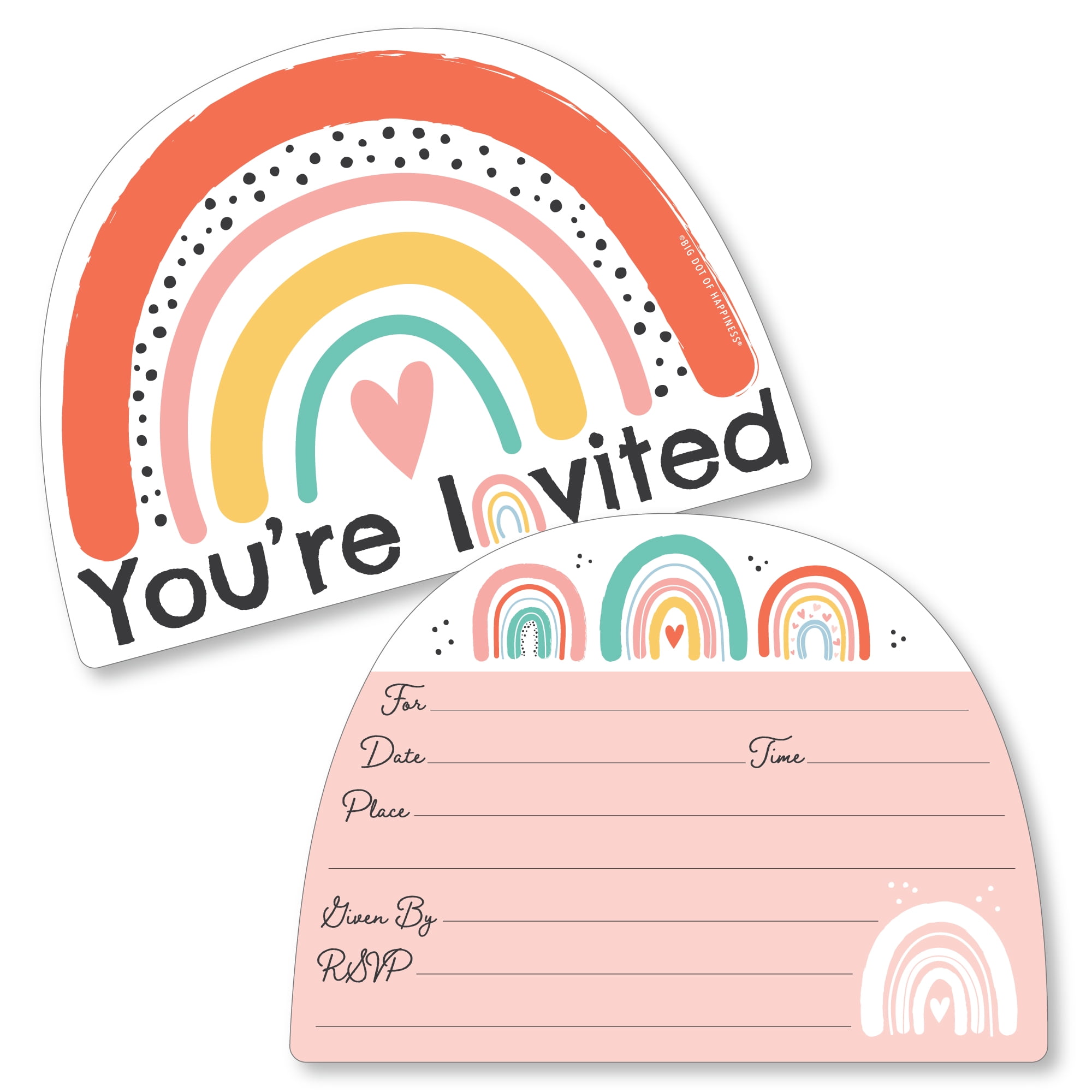 Big Dot of Happiness 1st Birthday Hello Rainbow - Shaped Fill-In Invitations - Boho First Birthday Party Invitation Cards with Envelopes - Set of 12