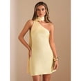 thumbnail image 4 of Solid Cream Yellow Asymmetrical Shoulder Backless Mini Satin Dress for Cocktail, Wedding Guest, Valentine's Day, 4 of 7