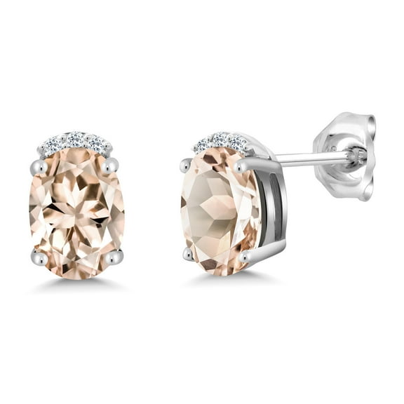 Gem Stone King 925 Sterling Silver Peach Morganite and White Topaz Stud Earrings for Women (1.37 Cttw, Gemstone October Birthstone, Oval 7X5MM)