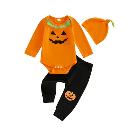 

Baby Boys Outfits Long Sleeve Grimace Print Romper Pumpkin Pants Hat Halloween Set
