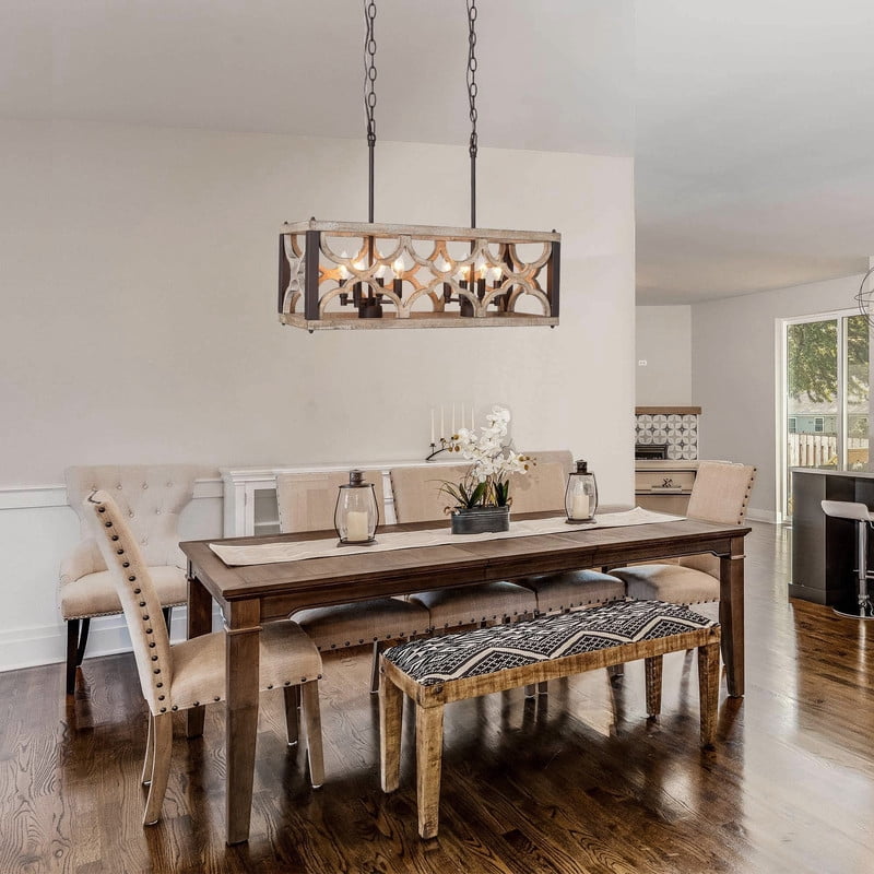 LNC 8-Light Distressed Wood and Bronze Linear LED Farmhouse Chandelier