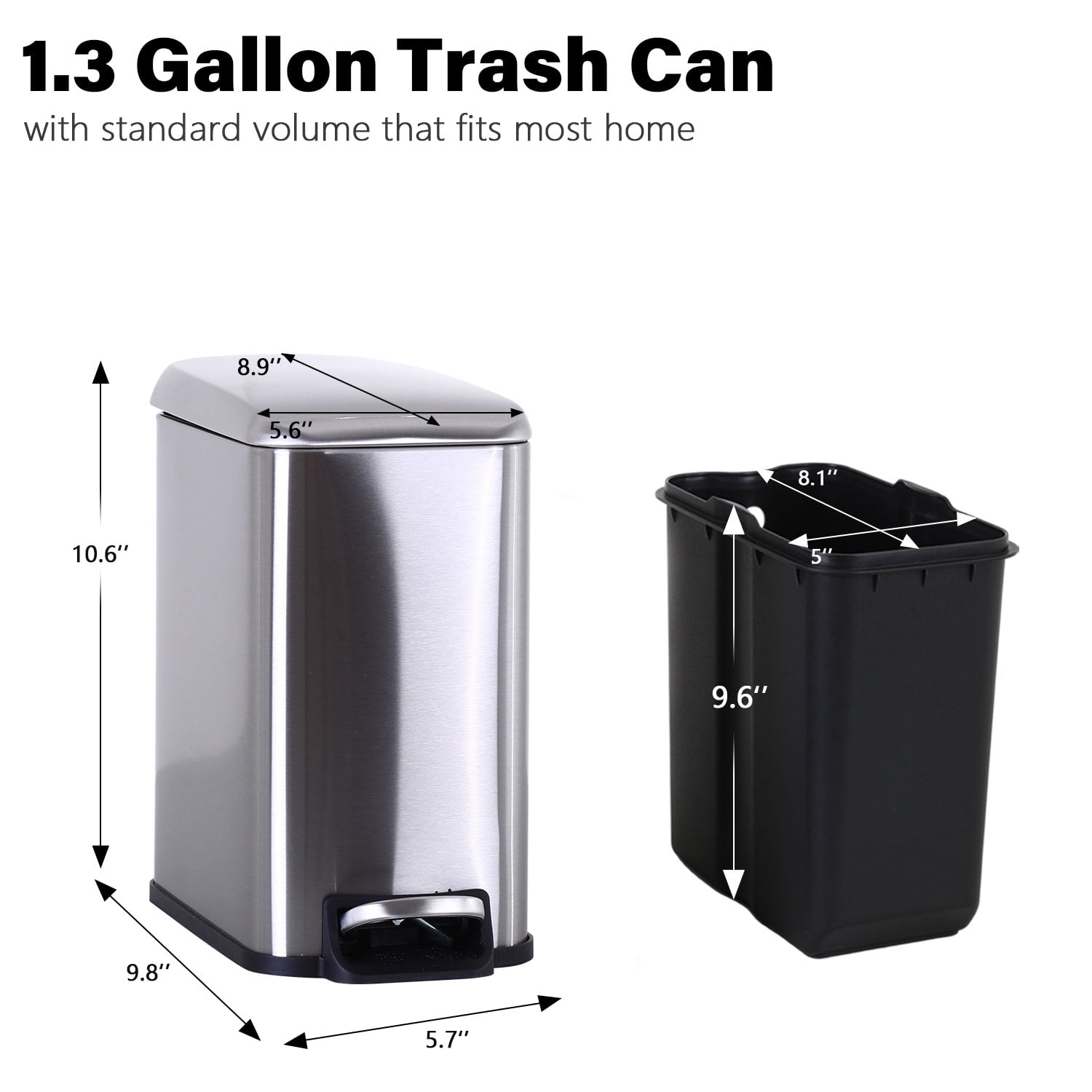YRLLENSDAN 1.3 Gallon Bathroom Trash Can Kitchen Trash Can with Lid Stainless Steel Garbage Can Small Trash Can with Foot Pedal & Removable Bucket, SS 1 Pack