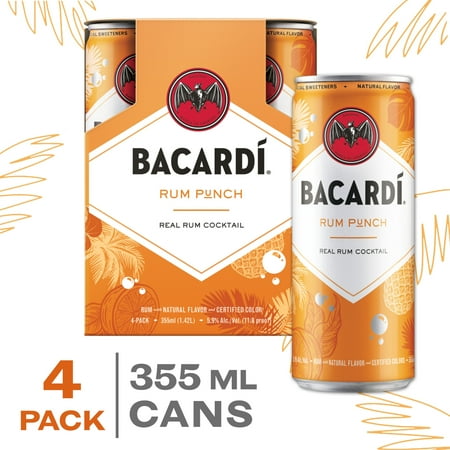 BACARDI Rum Punch Ready to Drink Real Rum Cocktail, Gluten Free, 355 mL Slim Can (4 Pack), ABV 5.9%