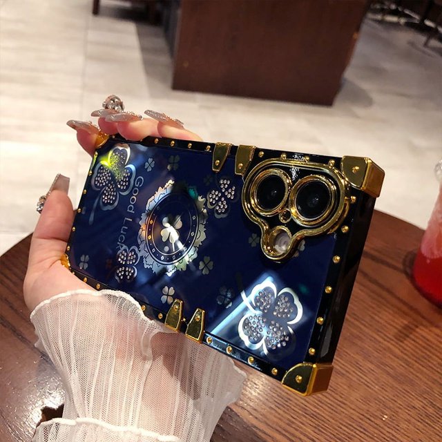 Luxury Retro Diamond Rhinestones Square Case for IPhone 16 12 13 14 15 Pro Max 16pro Soft Silicone Plating Shockproof Cover Dark Blue For iPhone 13Pro Max