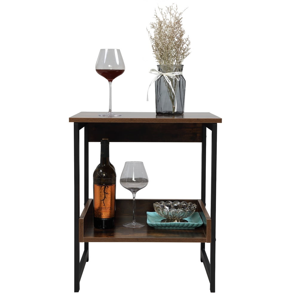 Industrial Home End Table, Night Stand Side Table with Storage Shelf for Bedroom, Living Room, Brown