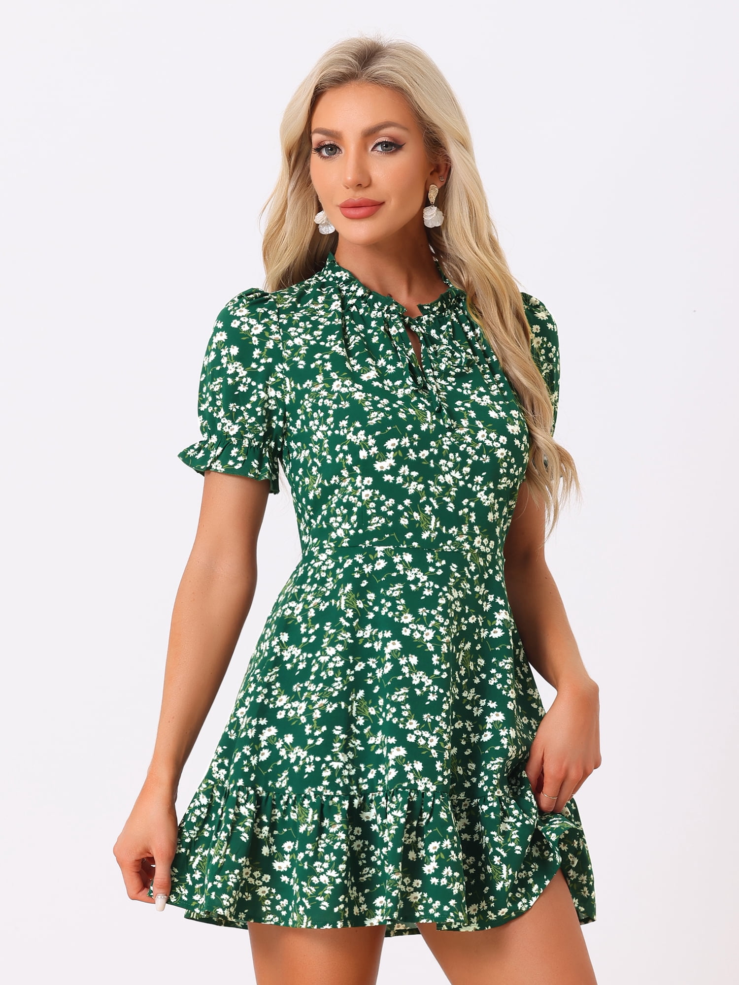DARING DIVA Ruffle Floral Bow Tie Chiffon Puff Fit & Flare Dress M Green White
