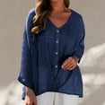 thumbnail image 2 of Dazajoo Women's Plus Size Cotton Linen Blouses Summer Cross-over Hem V Neck Tunic Tops Fashion Solid Color Long Sleeve Tee Shirts for Women 2024,Navy,L, 2 of 6