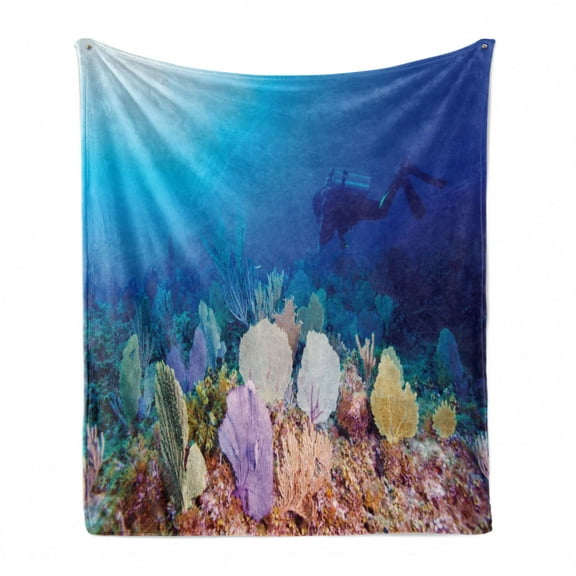 Diver Soft Flannel Fleece Throw Blanket, Young Man Floating Swiftly in Sea Plantation Colorful Coral Reefs Underwater Life, Cozy Plush for Indoor and Outdoor Use, 50" x 70", Multicolor, by Ambesonne