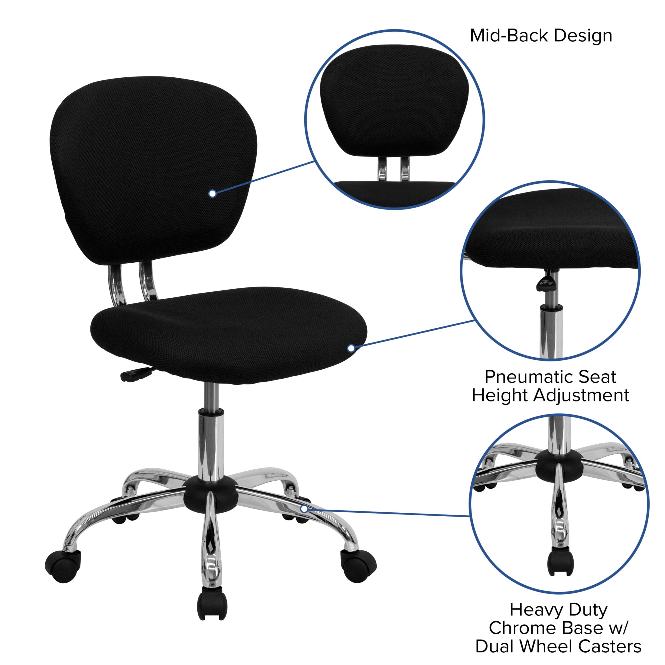 Flash Furniture Beverly Mid-Back Swivel Ergonomic Mesh Office Chair with Padded Seat, Black/Chrome