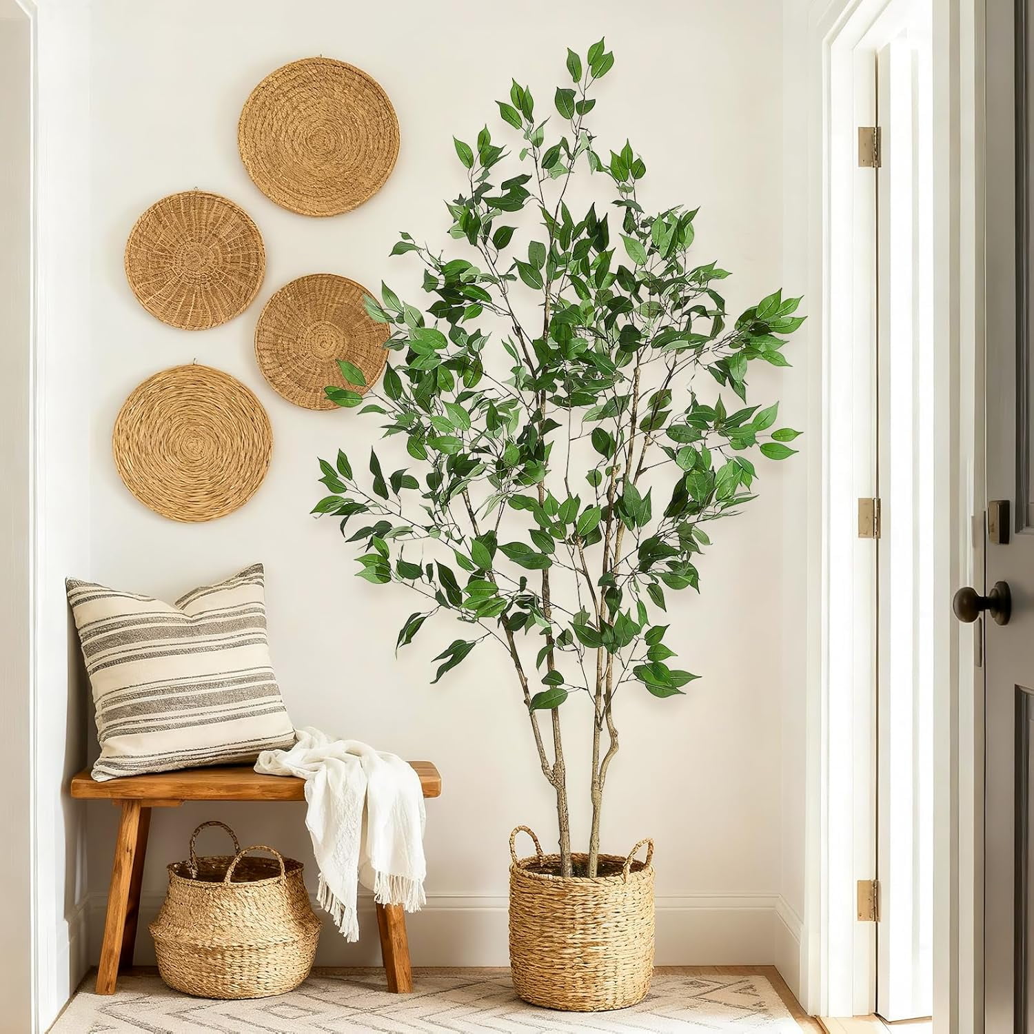 Ficus Trees Artificial Indoor, 6FT Tall Faux Ficus Tree with Black Planter & Green Fake Moss, Artificial Plants with Natural Wood Trunk & Lifelike Fruits for Home Office Decor